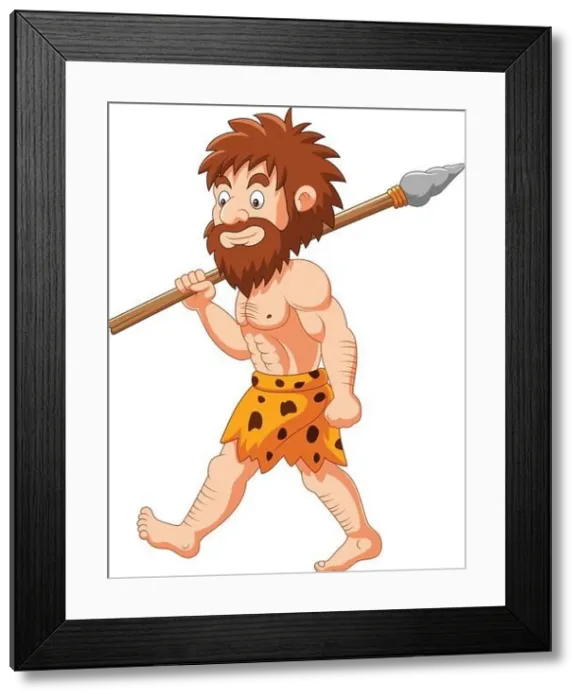 Framed Print : Cartoon caveman hunting with spear Framed Print : Cartoon caveman hunting with spear