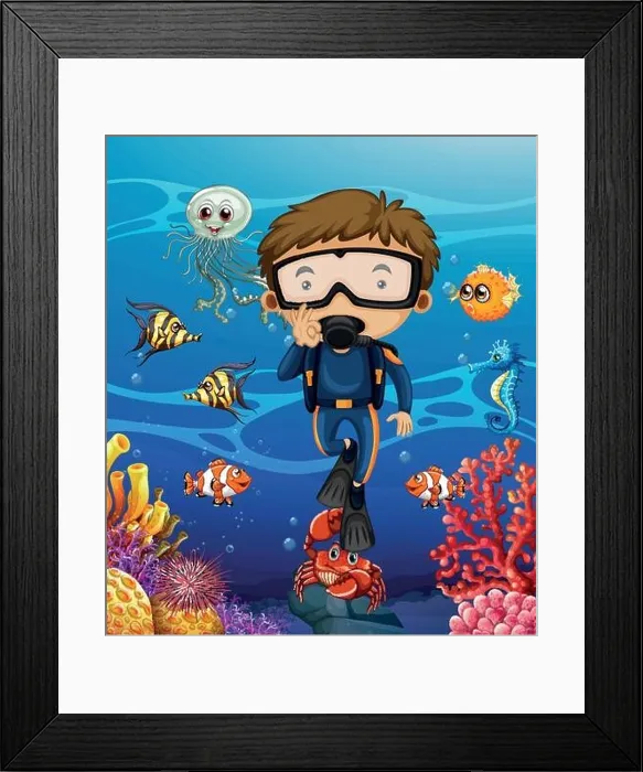Framed Print : Man scuba diving under the ocean illustration Framed Print : Man scuba diving under the ocean illustration