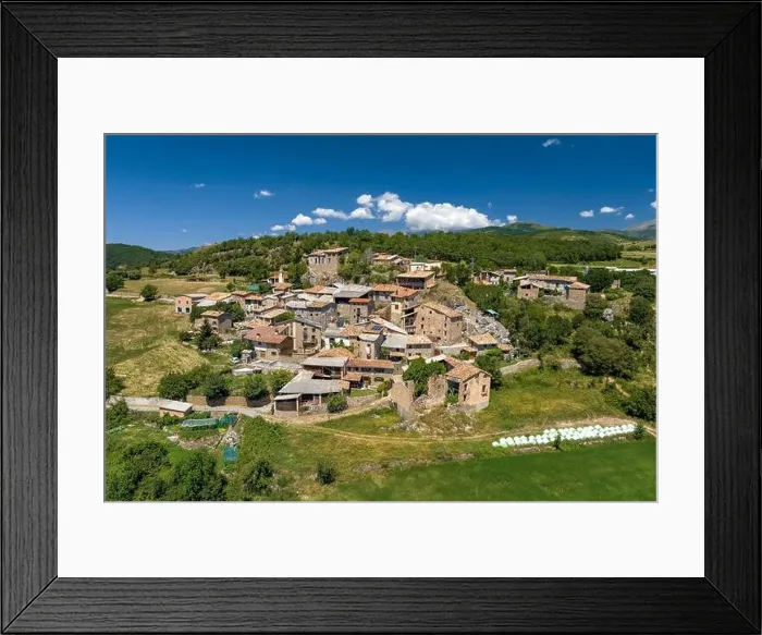 Framed Print : Aerial view of the village of Montcortès in summer (Pallars Sobirà, Lleida, Catalonia, Spain, Pyrenees) ESP: Vista aérea de la aldea de Montcortès