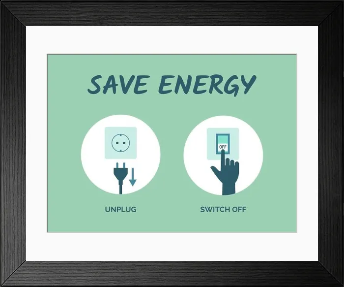 Framed Print : Saving energy tips: unplug appliances when not in use and switch off lights Framed Print : Saving energy tips: unplug appliances when not in use and switch off lights