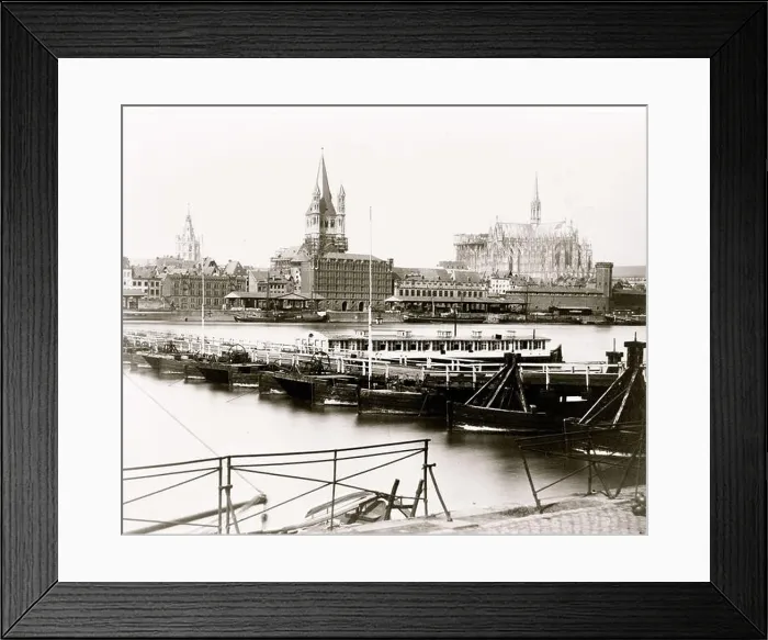Framed Print : Bridge made from boats over Rhine River; cathedral in background Framed Print : Bridge made from boats over Rhine River; cathedral in background