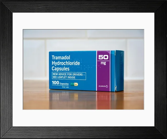 Framed Print : A box of Tramadol Hydrochloride capsules tablets, a strong pain relief drug Framed Print : A box of Tramadol Hydrochloride capsules tablets, a strong pain relief drug