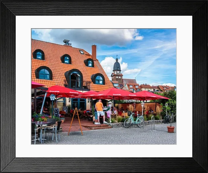 Framed Print : Restaurant Hafenadvokatur with alfresco dining terrace next to harbour, Müritzstraße 17 a, Waren (Müritz), Mecklenburg-Vorpommern, Germany Framed Print : Restaurant Hafenadvokatur with alfresco dining terrace next to harbour, Müritzstraße 17 a, Waren (Müritz), Mecklenburg-Vorpommern, Germany