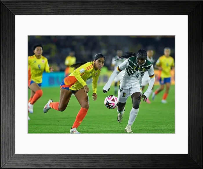 Framed Print : Bogota, Colombia. 03rd Sep, 2024. Maithe Lopez of Colombia battles for possession ball with Mariane Ines Maague of Cameroon Framed Print : Bogota, Colombia. 03rd Sep, 2024. Maithe Lopez of Colombia battles for possession ball with Mariane Ines Maague of Cameroon