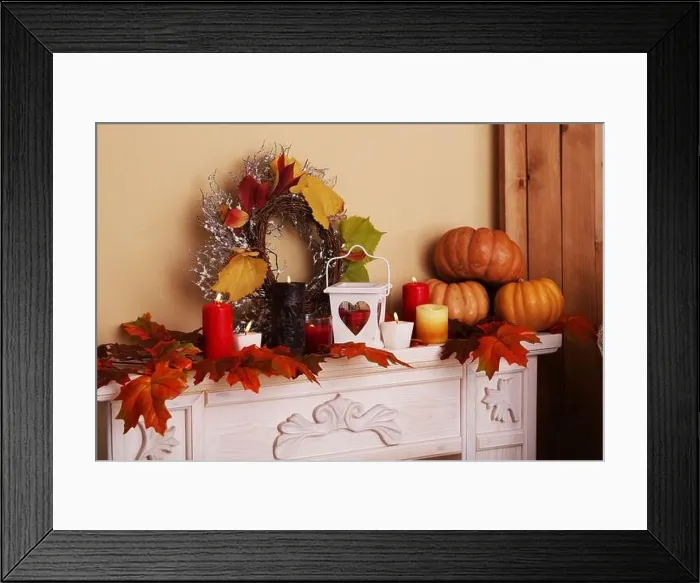 Framed Print : Festive autumn decor on fireplace Framed Print : Festive autumn decor on fireplace