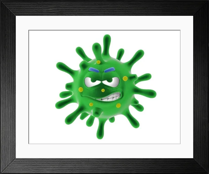 Framed Print : 3d illustration of a virus cartoon of a disease with an angry and aggressive face. Image floating on white background