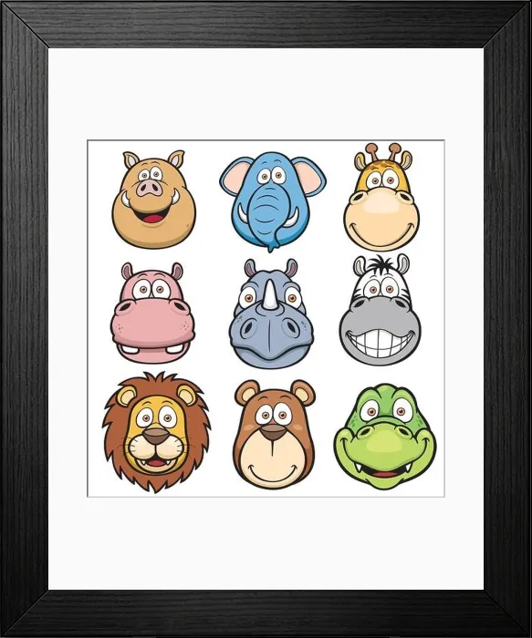 Framed Print : Vector illustration of Wild animals faces cartoons