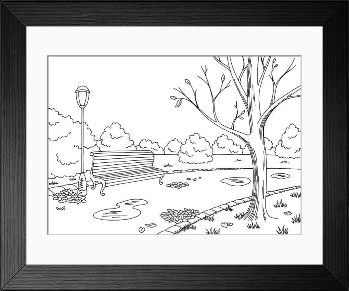 Framed Print : Autumn park graphic black white landscape sketch illustration vector Framed Print : Autumn park graphic black white landscape sketch illustration vector
