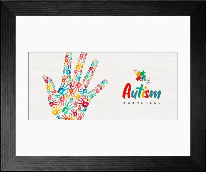 Framed Print : Autism Awareness Day web banner illustration of colorful diverse children hand print together. Autistic children learning ability support concept, kid Framed Print : Autism Awareness Day web banner illustration of colorful diverse children hand print together. Autistic children learning ability support concept, kid
