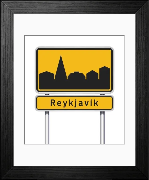 Framed Print : Vector illustration of the Revkiavik (Reykjavik) yellow en black road sign Framed Print : Vector illustration of the Revkiavik (Reykjavik) yellow en black road sign