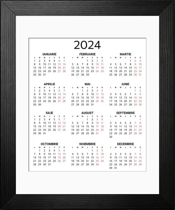 Framed Print : 2024 romanian calendar. Printable, editable vector illustration for Romania and Moldova. 12 months year calendars. Portrait Framed Print : 2024 romanian calendar. Printable, editable vector illustration for Romania and Moldova. 12 months year calendars. Portrait