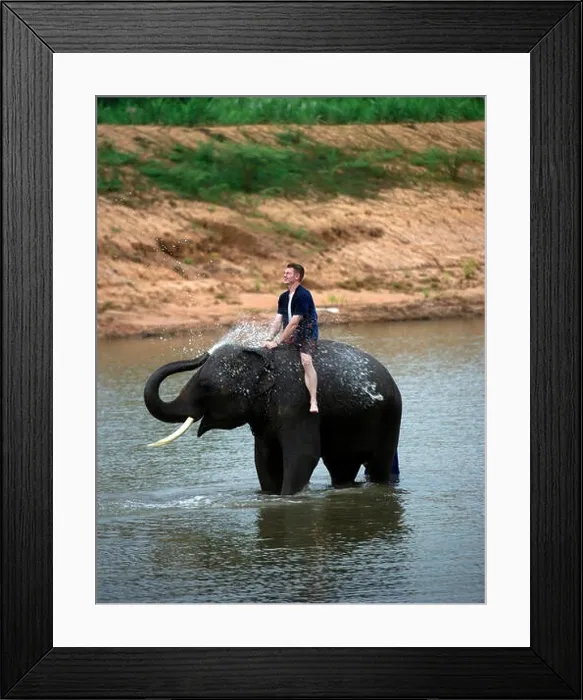 Framed Print : Man sitting on elephant in river, Thailand