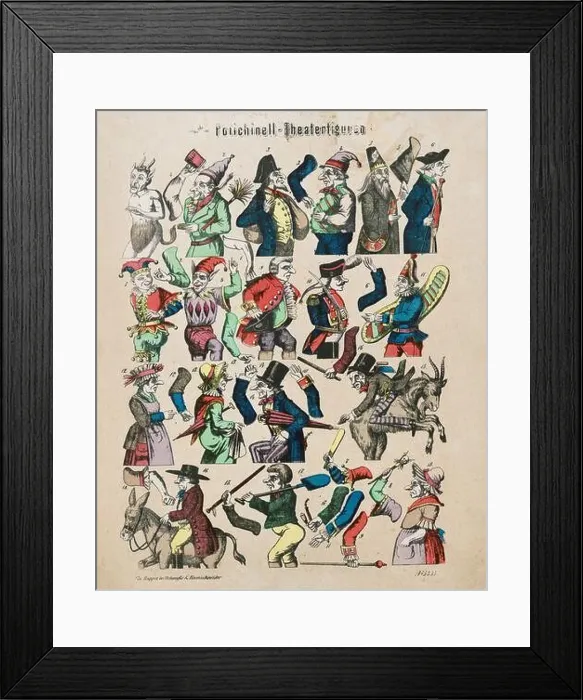 Framed Print : Vintage colour illustration of Polichinell Theatrical figures for cutting. 1880 Polichinelle is a character of the French folk theater: a hunchback, a Framed Print : Vintage colour illustration of Polichinell Theatrical figures for cutting. 1880 Polichinelle is a character of the French folk theater: a hunchback, a