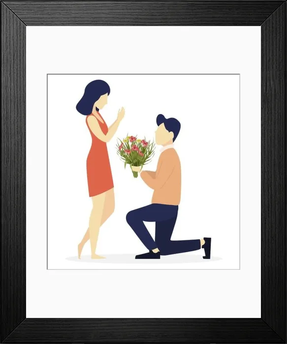 Framed Print : Valentines day. Couple in love, romantic moment, young man giving flowers to his beloved woman. Usable for 8 of March, Women day. Vector illustration Framed Print : Valentines day. Couple in love, romantic moment, young man giving flowers to his beloved woman. Usable for 8 of March, Women day. Vector illustration