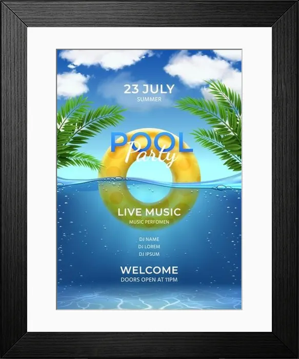 Framed Print : Pool party. Summer swimming party invitation template with inflatable ring, palm leaves, water and sky with clouds, realistic vector poster