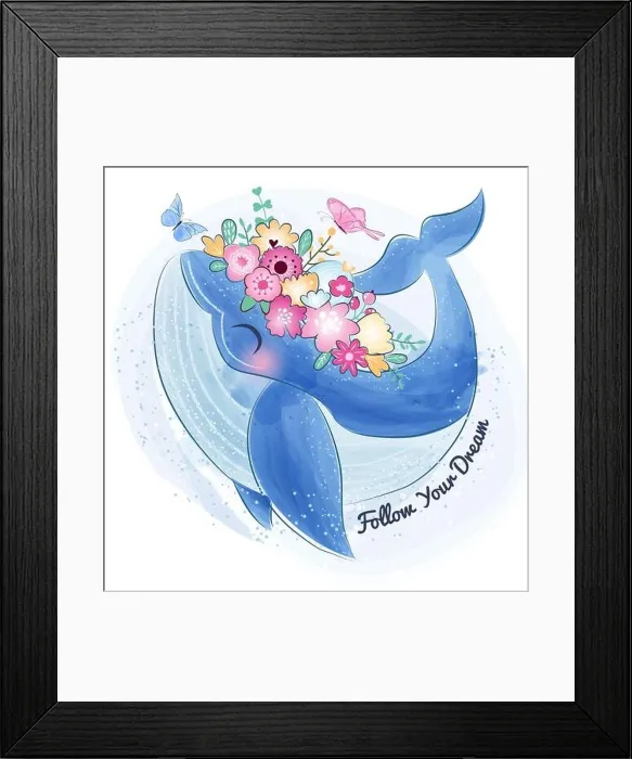 Framed Print : Cute whale with floral illustration Framed Print : Cute whale with floral illustration