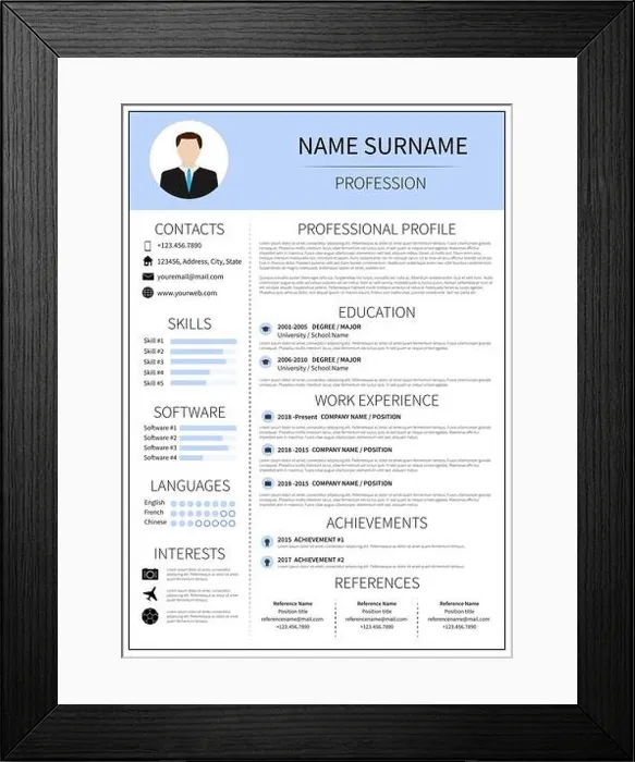 Framed Print : Modern CV layout with infographic. Resume template for man. Minimalistic curriculum vitae design. Employment vector illustration Framed Print : Modern CV layout with infographic. Resume template for man. Minimalistic curriculum vitae design. Employment vector illustration