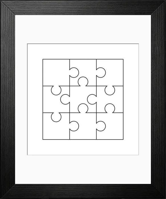 Framed Print : 9 white puzzles pieces arranged in a square. Jigsaw Puzzle template ready for print. Cutting guidelines isolated on white Framed Print : 9 white puzzles pieces arranged in a square. Jigsaw Puzzle template ready for print. Cutting guidelines isolated on white