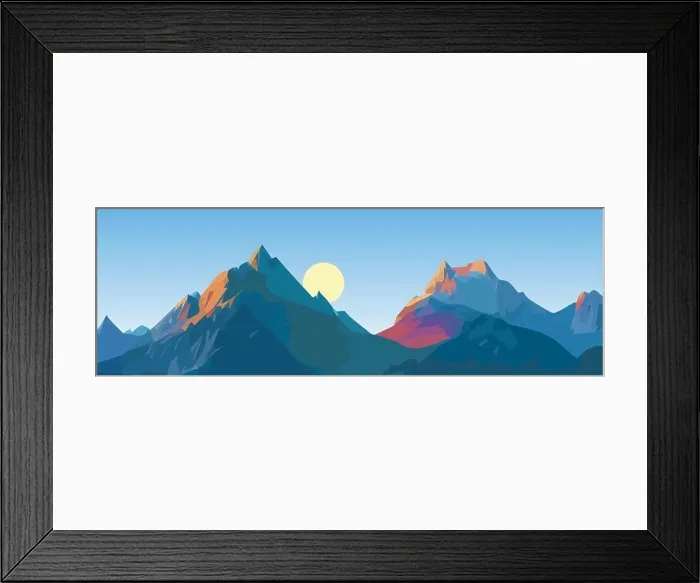 Framed Print : Panoramic views vector illustration of beautiful dark blue mountain landscape with sky. Sunrise and sunset in mountains Framed Print : Panoramic views vector illustration of beautiful dark blue mountain landscape with sky. Sunrise and sunset in mountains