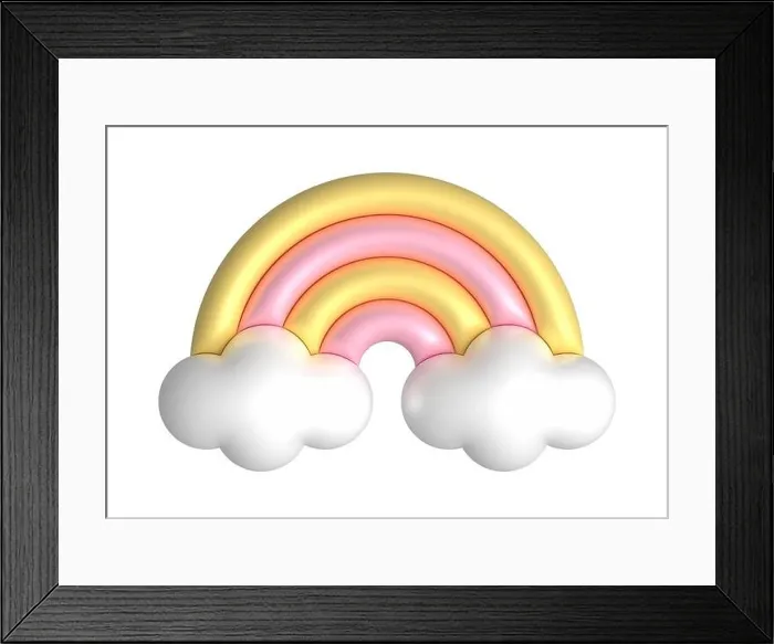Framed Print : 3d rainbows in candy pastel color yellow, pink. Cute plastic rainbow with clouds. 3d rendering spring illustration suitable for decoration of Birthday Framed Print : 3d rainbows in candy pastel color yellow, pink. Cute plastic rainbow with clouds. 3d rendering spring illustration suitable for decoration of Birthday