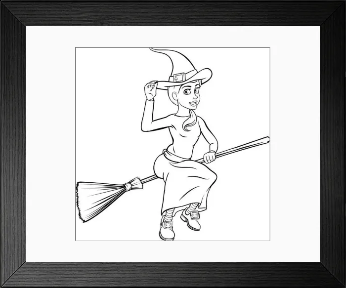 Framed Print : Cartoon Witch Flying on her Broomstick Framed Print : Cartoon Witch Flying on her Broomstick