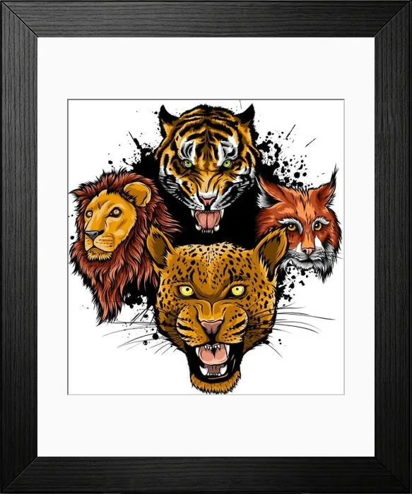 Framed Print : Cartoon big cats vector set. Illustration of cougar, jaguar, leopard, lion, tiger, cheetah, snow leopard Framed Print : Cartoon big cats vector set. Illustration of cougar, jaguar, leopard, lion, tiger, cheetah, snow leopard
