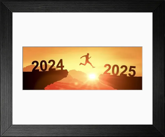 Framed Print : silhouette man jump between 2024 and 2025 years. Success Business Leadership. Goals, hopes and aspirations concept. Welcome Happy New Year 2025 Framed Print : silhouette man jump between 2024 and 2025 years. Success Business Leadership. Goals, hopes and aspirations concept. Welcome Happy New Year 2025