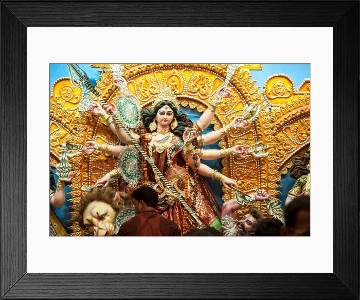Framed Print : Devotees worshiping the Goddess Durga at nagar bazaar durga puja pandal kolkata west bengal india