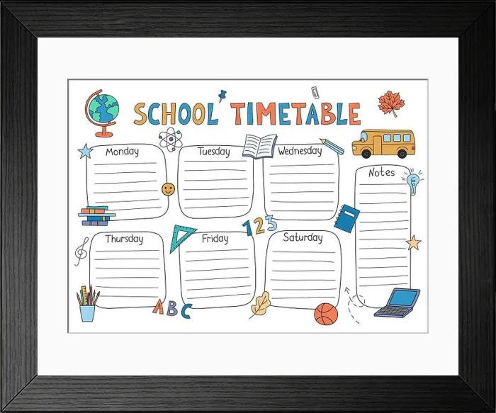 Framed Print : School timetable. Vector planner template for students. Funny doodle school schedule. Kids hand drawn outline design Framed Print : School timetable. Vector planner template for students. Funny doodle school schedule. Kids hand drawn outline design