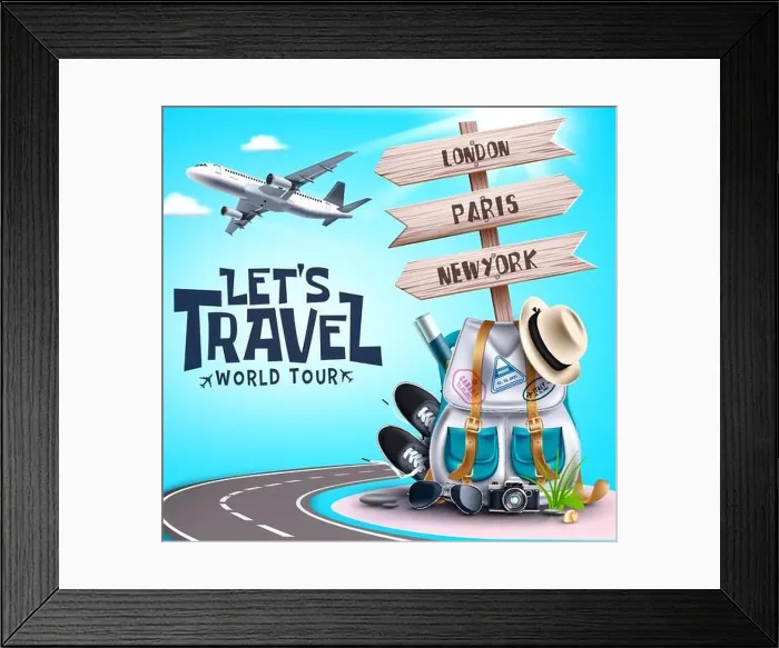 Framed Print : Let's travel world tour vector design. Let's travel world tour text with travelling elements like bag, sneakers and hat for international Framed Print : Let's travel world tour vector design. Let's travel world tour text with travelling elements like bag, sneakers and hat for international
