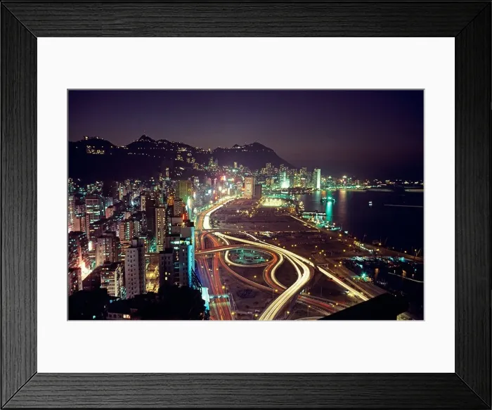 Framed Print : View at night in the late 1970s with fewer high rise buildings over Central District and Victoria Peak in Hong Kong Framed Print : View at night in the late 1970s with fewer high rise buildings over Central District and Victoria Peak in Hong Kong