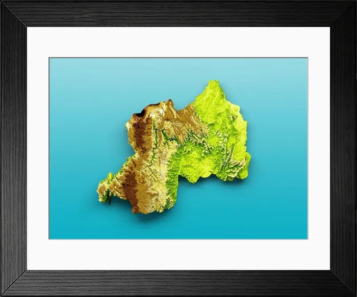 Framed Print : A 3D rendering of Rwanda relief map isolated on a bluebackground Framed Print : A 3D rendering of Rwanda relief map isolated on a bluebackground