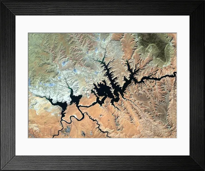 Framed Print : Color satellite image of Lake Powell, Utah and Arizona, United States. This image was compiled from data acquired by Sentinel-2 & Landsat 8