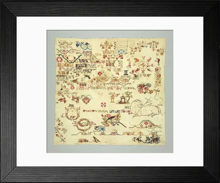 Framed Print : Sampler, Medium: wool embroidery on cotton foundation Technique: embroidered in cross, long-armed cross, running, double running, herringbone Framed Print : Sampler, Medium: wool embroidery on cotton foundation Technique: embroidered in cross, long-armed cross, running, double running, herringbone