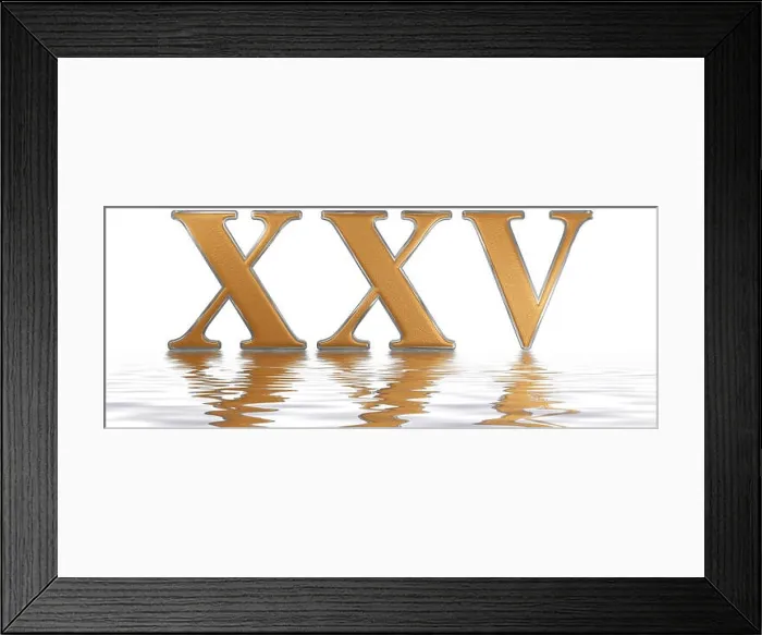 Framed Print : Roman numeral XXV, quinque et viginti, 25, twenty five, reflected on the water surface, isolated on white, 3d render Framed Print : Roman numeral XXV, quinque et viginti, 25, twenty five, reflected on the water surface, isolated on white, 3d render