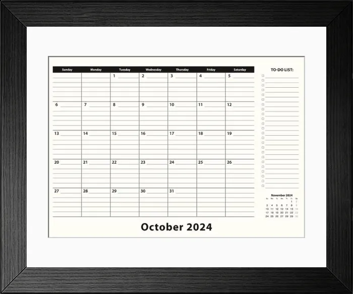 Framed Print : October 2024 Monthly Business Desk Pad Calendar. October 2024 calendar planner with to-do list and place for notes in black and white design Framed Print : October 2024 Monthly Business Desk Pad Calendar. October 2024 calendar planner with to-do list and place for notes in black and white design