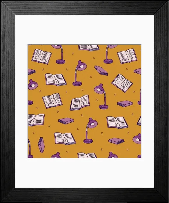 Framed Print : Vector seamless pattern with books, letters and lamps. Design in cartoon style Framed Print : Vector seamless pattern with books, letters and lamps. Design in cartoon style