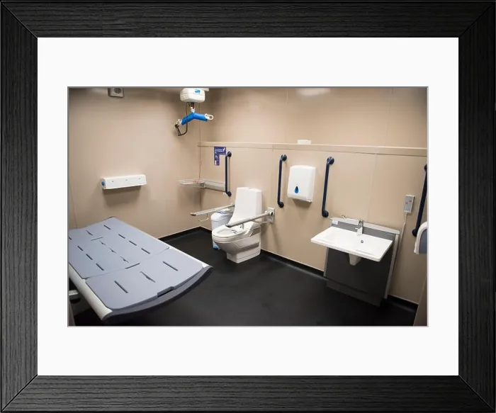 Framed Print : Disabled toilet and baby changing facilities in a public toilet Framed Print : Disabled toilet and baby changing facilities in a public toilet