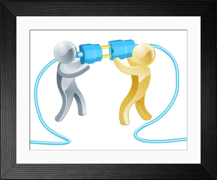 Framed Print : Conceptual illustration of two people connecting a giant plug Framed Print : Conceptual illustration of two people connecting a giant plug