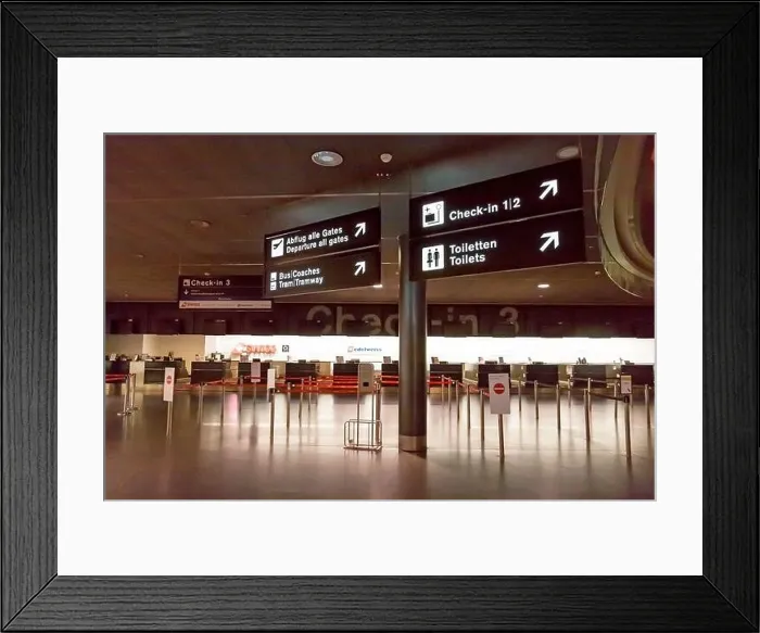 Framed Print : Zurich, Switzerland - June 11, 2017: Zurich airport, Check-in desk 3, sign to departure gates, tram, toilets Framed Print : Zurich, Switzerland - June 11, 2017: Zurich airport, Check-in desk 3, sign to departure gates, tram, toilets
