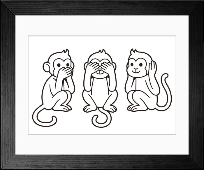 Framed Print : Three wise monkeys with hands covering eyes, ears and mouth: See no evil, Hear no evil, Speak no evil. Cute cartoon illustration, line art drawing Framed Print : Three wise monkeys with hands covering eyes, ears and mouth: See no evil, Hear no evil, Speak no evil. Cute cartoon illustration, line art drawing