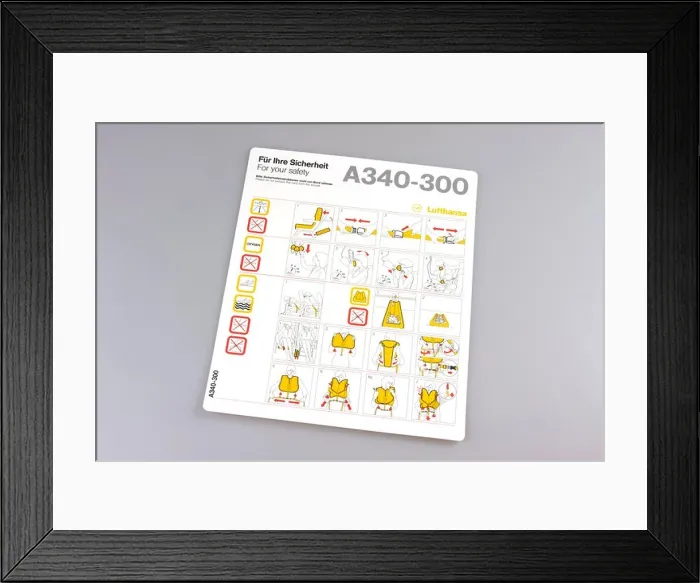 Framed Print : Lufthansa safety card, safety instructions for the Airbus A340-300 Framed Print : Lufthansa safety card, safety instructions for the Airbus A340-300