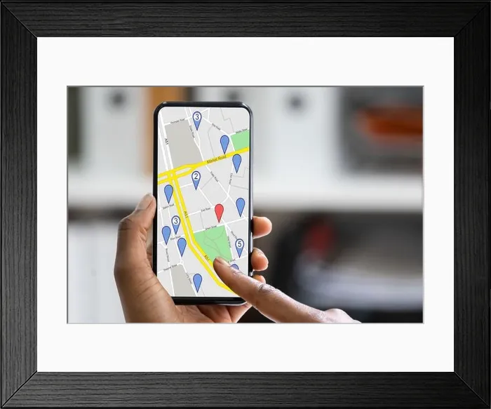 Framed Print : GPS Location Map Search On Mobile Phone