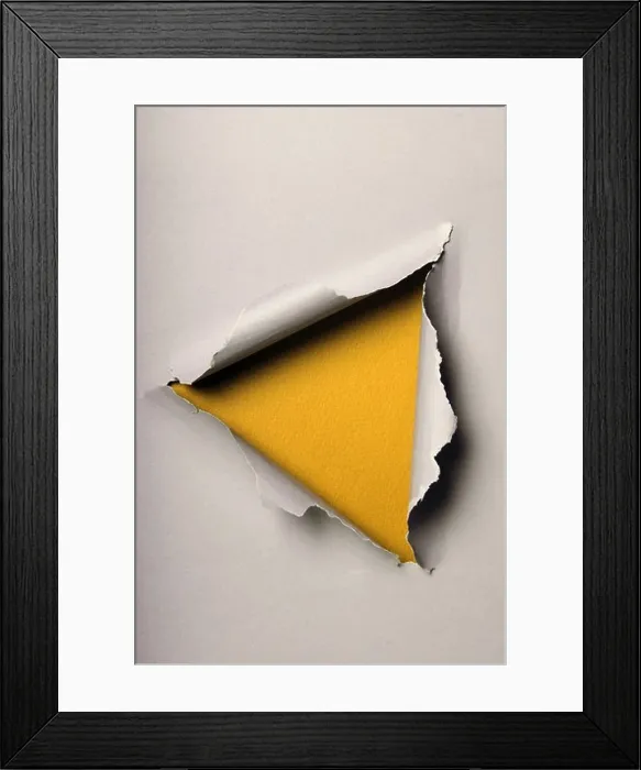 Framed Print : Old ripped paper forming triangle over yellow background Framed Print : Old ripped paper forming triangle over yellow background