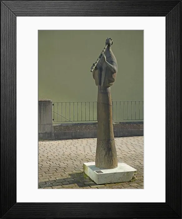 Framed Print : Sculpture Flute Player by Ernst Steinacker 2000, modern art, bronze, music, flute, district office, Feuchtwangen, Middle Franconia, Franconia