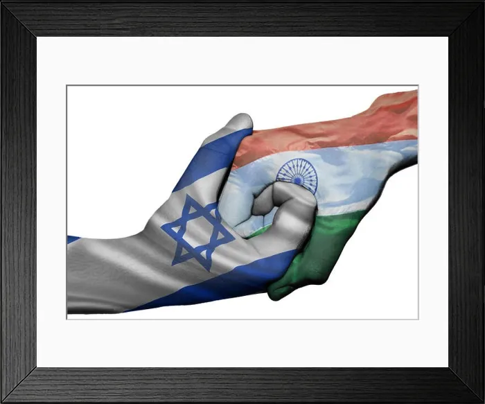 Framed Print : Diplomatic handshake between countries: flags of Israel and India overprinted the two hands Framed Print : Diplomatic handshake between countries: flags of Israel and India overprinted the two hands