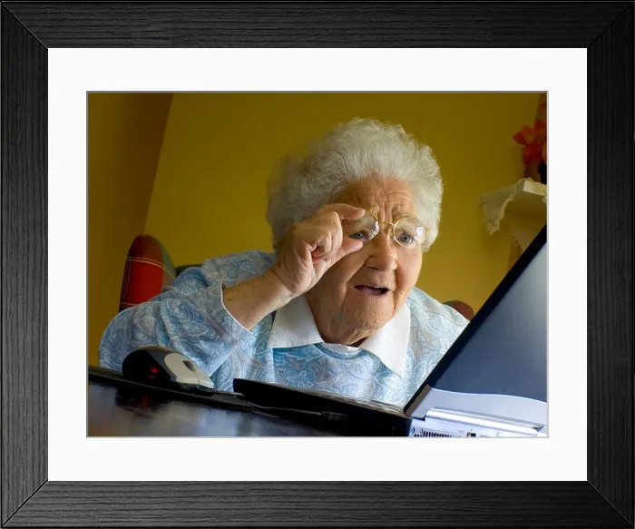 Framed Print : Elderly lady amazed by her computer screen, senior old age ‘granny finds the internet YouTube Skype Zoom Email Video Call contact friends & family Framed Print : Elderly lady amazed by her computer screen, senior old age ‘granny finds the internet YouTube Skype Zoom Email Video Call contact friends & family