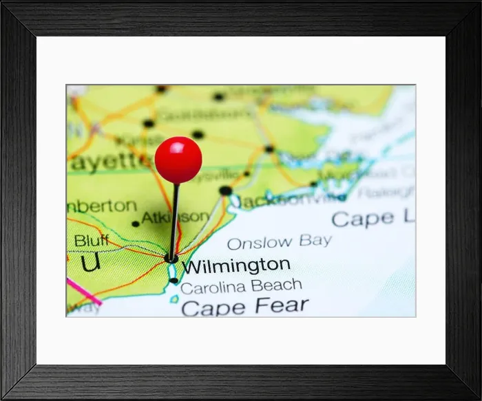 Framed Print : Wilmington pinned on a map of North Carolina, USA Framed Print : Wilmington pinned on a map of North Carolina, USA