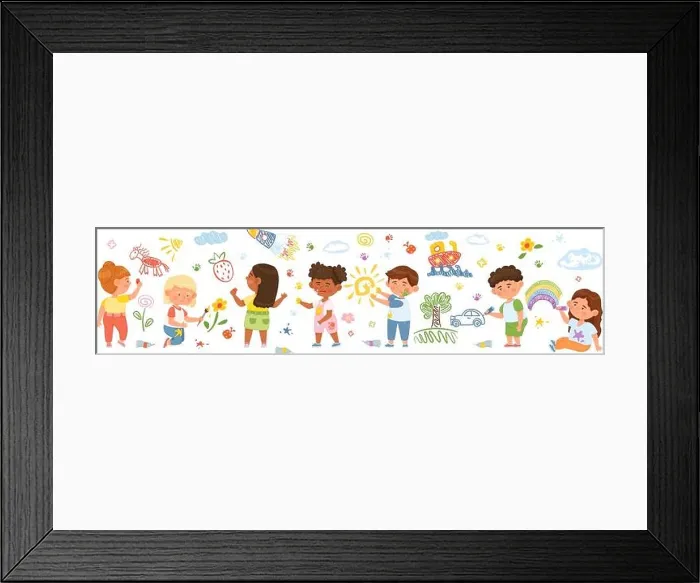 Framed Print : Cartoon kids drawing on wall, creative children draw with pencils or paint. Preschool characters painting colorful pictures vector illustration Framed Print : Cartoon kids drawing on wall, creative children draw with pencils or paint. Preschool characters painting colorful pictures vector illustration