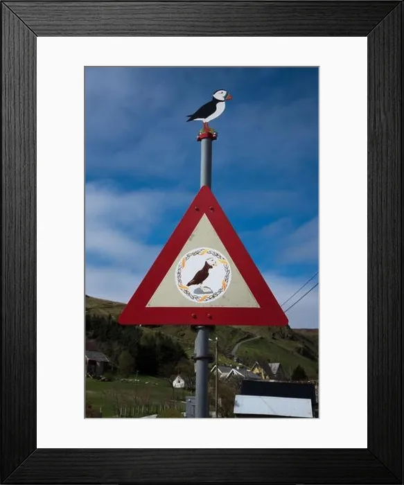 Framed Print : Traffic sign near the road end of Runde island at the West coast of Norway with Atlantic Puffin shown Framed Print : Traffic sign near the road end of Runde island at the West coast of Norway with Atlantic Puffin shown